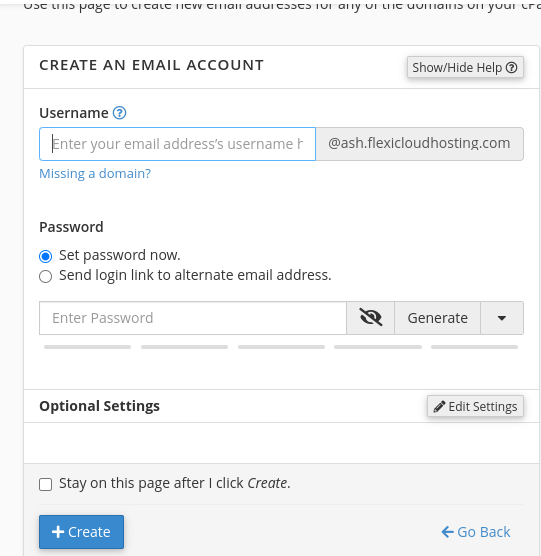 Screenshot of an email account creation page with fields for Username and Password, an option to generate a password, and checkboxes for additional settings including staying on the page after account creation. A 'Create' button is visible alongside a 'Go Back' link.