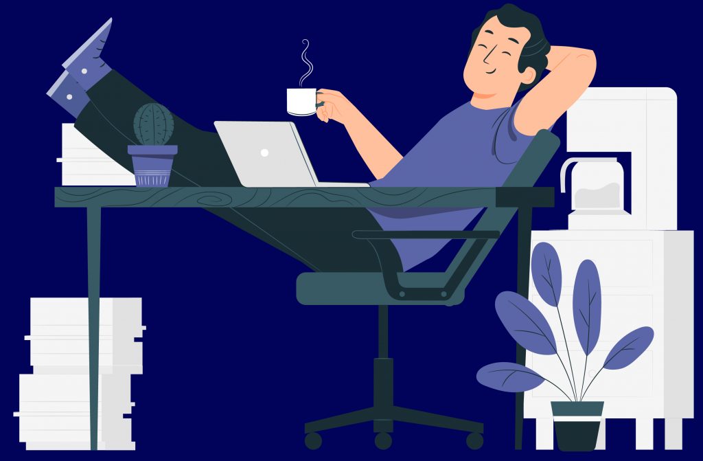 A relaxed person with feet up on a desk, holding a mug, beside an open laptop, with stacks of papers, a potted cactus, and plants nearby in a dark blue themed illustration.